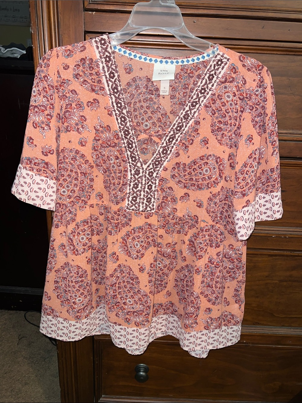 Beautiful Soft Coral Paisley V-Neck Tunic with Contrast Trim